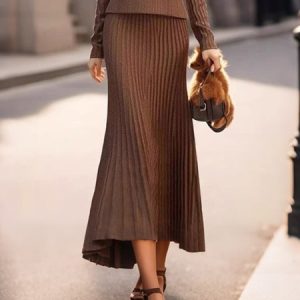 Elegant High Waist Pleated Knit Maxi Skirt, Skirts, color:Coffee|size:XXL, Stylewe