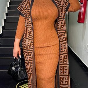 Plain Casual Long Sleeve Tight Sweater Midi Dress, Midi Dresses, color:Brown|size:XXL, Stylewe