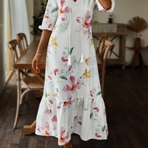 Women's Shift Dress Short Maxi Dress half Sleeve Floral Print Summer Fall V Neck Casual dress 2022, Maxi, color:White|size:XS, catalog Noracora shop