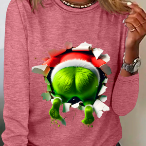 Crew Neck Long Sleeve Christmas Regular Medium Elasticity Loose Blouse For Women, Blouses, color:Watermelon|size:3XL, catalog Noracora shop
