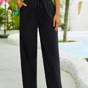 Casual mid-rise solid color linen straight-leg Pants, Pants, color:Black|size:5XL, catalog Noracora shop