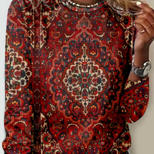 Casual Ethnic Crew Neck Long Sleeve T-shirt, T-shirts, color:Red|size:L, catalog Noracora shop