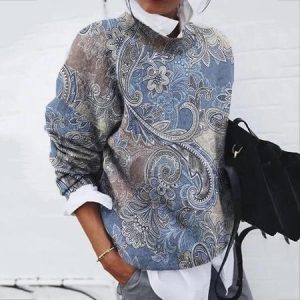 Casual Crew Neck Floral Sweatshirt Zipper, Hoodies & Sweatshirts, color:Blue|size:XXL, catalog Noracora shop