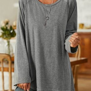Gray Casual Crew Neck Long Sleeve Solid Soft T-shirt, T-shirts, color:Gray|size:XXL, catalog Noracora shop
