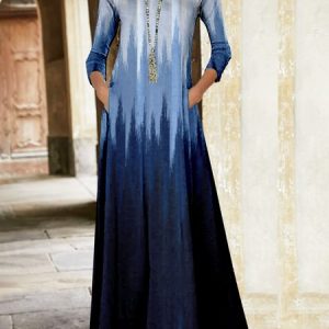 Women Ombre Crew Neck Long Sleeve Comfy Casual Pocket Stitching Maxi Dress, Maxi, color:Blue|size:XL, catalog Noracora shop