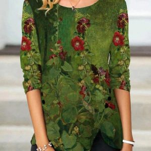 Notched Long Sleeve Floral Regular Micro-Elasticity Loose Blouse For Women, Blouses, color:Dark Green|size:5XL, catalog Noracora shop