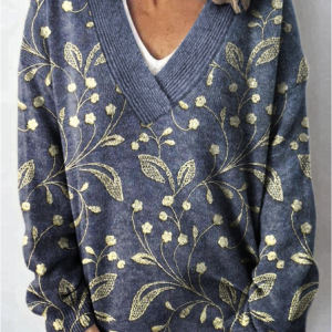 Women Floral Long Sleeve Comfy Vintage Sweater, Sweaters, color:Dark Blue|size:XS, catalog Noracora shop