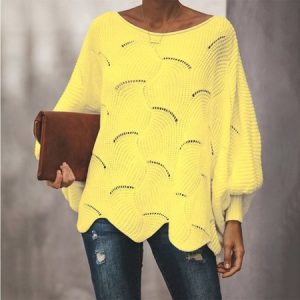 Women Yarn/Wool Yarn Plain Long Sleeve Comfy Casual Sweater, Sweaters, color:Yellow|size:5XL, catalog Noracora shop