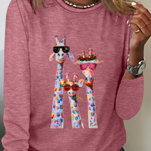 Women's Oil Painting Funny Giraffe Print Casual Long Sleeve Shirt, Long sleeves, Lilicloth.com