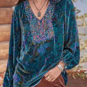 V Neck Long Sleeve Ethnic Regular Micro-Elasticity Loose Blouse For Women, Blouses, color:Blue|size:5XL, catalog Noracora shop