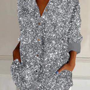Women's Long Sleeve Shirt Spring/Fall Abstract Shirt Collar Daily Going Out Casual Top, JustFashionNow Blouses, color:Silver|size:5XL,