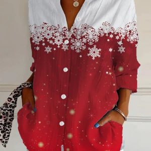 Shirt Collar Long Sleeve Christmas Regular Loose Shirt For Women, Shirts, color:Red|size:XXL, catalog Noracora shop
