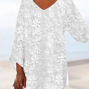 Cotton Casual Loose V Neck Shirt, Blouses, color:White|size:XXL, catalog Noracora shop