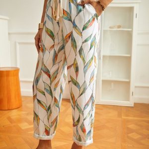 Loose Geometric Printed Lace-Up Casual Pants, Pants, color:White|size:XS, catalog Noracora shop