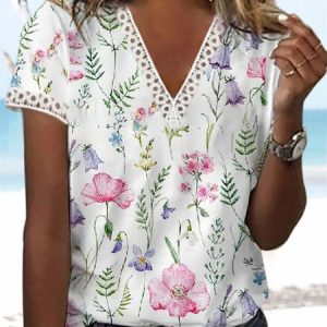 Floral V-Neck Lace Short Sleeve Top, T-shirts, color:White|size:3XL, catalog Noracora shop