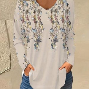 V Neck Long Sleeve Floral Regular Micro-Elasticity Loose Blouse For Women, Blouses, color:Khaki|size:XXL, catalog Noracora shop