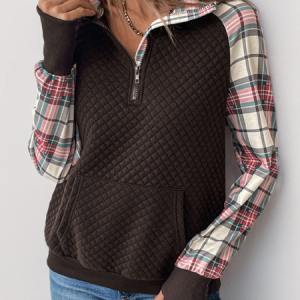 Casual Shawl Collar Plaid Sweatshirt Zipper, Hoodies & Sweatshirts, color:Brown|size:XL, catalog Noracora shop