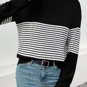 Women Yarn/Wool Yarn Striped Long Sleeve Comfy Casual Sweater, Sweaters, color:Black|size:L, catalog Noracora shop