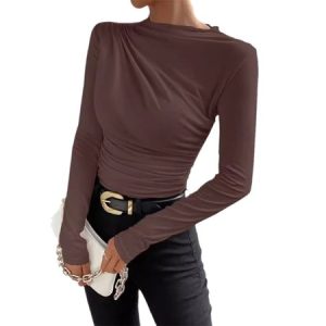 Crew Neck Long Sleeve Plain Regular Medium Elasticity Tight Blouse For Women, Blouses, color:Brown|size:XXL, catalog Noracora shop