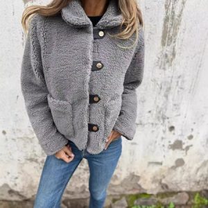 Women's Plain Sherpa Jacket Buckle Regular Regular Fit Teddy Jacket, Coats, color:Gray|size:XXL, catalog Noracora shop