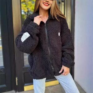 Women's Plain Sherpa Jacket Zipper Regular Loose Teddy Jacket, Coats, color:Black|size:3XL, catalog Noracora shop