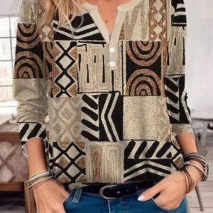 Notched Long Sleeve Ethnic Regular Micro-Elasticity Loose Blouse For Women, Blouses, color:Khaki|size:XXL, catalog Noracora shop