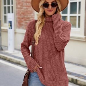 Turtleneck Long Sleeve Plain Regular Medium Elasticity Loose Blouse For Women, Blouses, color:Red|size:XXL, catalog Noracora shop