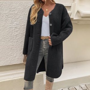 Women's Plain Sherpa Jacket Buckle Regular Loose Teddy Jacket, Outerwear, color:Black|size:XL, catalog Noracora shop