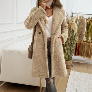 Women's Plain Sherpa Jacket Buckle Regular Loose Teddy Jacket, Coats, color:Khaki|size:XL, catalog Noracora shop