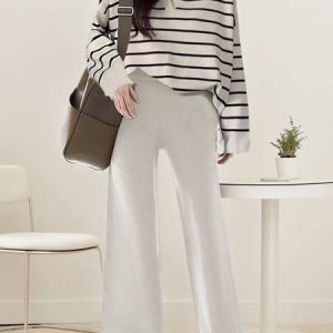 Women Striped Notched Long Sleeve Comfy Casual Top With Pants Two-Piece Set, Sets, color:Apricot|size:XL, catalog Noracora shop