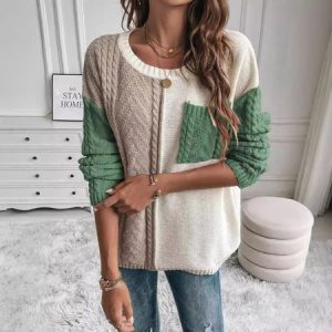 Women Wool/Knitting Color Block Long Sleeve Comfy Casual Sweater, Sweaters, color:Green|size:XL, catalog Noracora shop