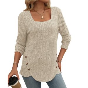 Casual Plain Crew Neck Long Sleeve T-shirt, Blouses, color:Apricot|size:XXL, catalog Noracora shop