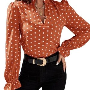 Stand Collar Long Sleeve Polka Dots Regular Loose Blouse For Women, Blouses, color:Orange|size:3XL, catalog Noracora shop