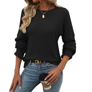 Casual Plain Crew Neck Long Sleeve T-shirt, Blouses, color:Army Green|size:XXL, catalog Noracora shop