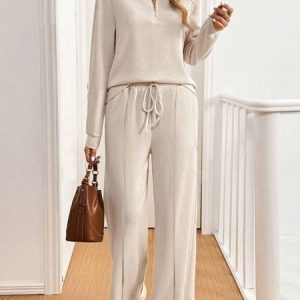 Women's Zipper Plain Daily Going Out Two Piece Set Long Sleeve Casual Spring/Fall Top With Pants Matching Set, JustFashionNow Suit Set, color:Beige|size:3XL,