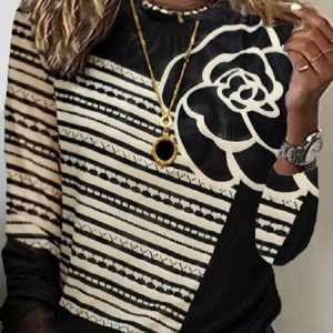 Crew Neck Long Sleeve Floral Regular Micro-Elasticity Loose Blouse For Women, Blouses, color:Blue|size:3XL, catalog Noracora shop