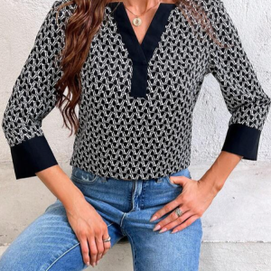 V Neck Long Sleeve Geometric Regular Loose Blouse For Women, Blouses, color:Black|size:XL, catalog Noracora shop