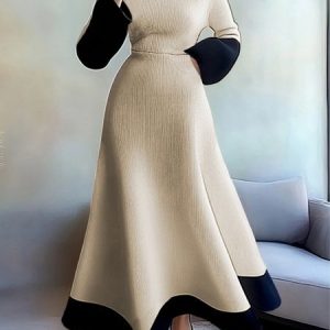 Elegant Color Block Long Sleeve Regular Fit Maxi Sweater Dress, Maxi Dresses, color:As Picture|size:XXL, Stylewe