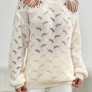 Women Yarn/Wool Yarn Plain Long Sleeve Comfy Casual Sweater, Sweaters, color:Apricot|size:L, catalog Noracora shop