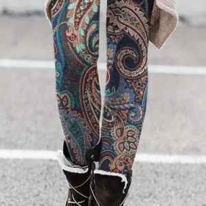 Women's Casual Ethnic Jersey All Season Long Leggings, JustFashionNow Leggings, color:Blue|size:XXL,