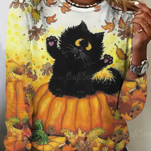Casual Cat Crew Neck Long Sleeve T-shirt, T-shirts, color:Light Yellow|size:5XL, catalog Noracora shop