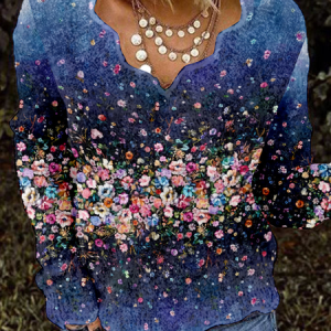 V Neck Long Sleeve Floral Regular Micro-Elasticity Loose Blouse For Women, Blouses, color:Blue|size:XXL, catalog Noracora shop