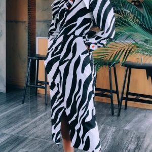 Urban Zebra Puff Sleeve Shirt Collar Midi Dress, Midi Dresses, color:Black-white|size:XXL, Stylewe