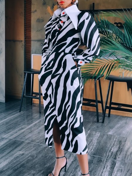 Urban Zebra Puff Sleeve Shirt Collar Midi Dress, Midi Dresses, color:Black-white|size:XXL, Stylewe