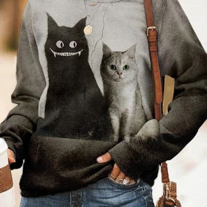 Casual V Neck Cat Sweatshirt, Hoodies & Sweatshirts, color:Black|size:XXL, catalog Noracora shop
