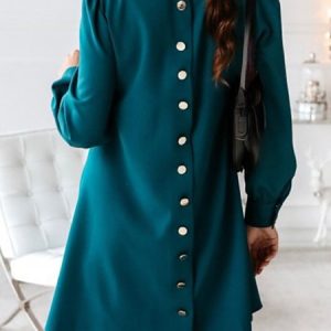 Women Plain Crew Neck Long Sleeve Comfy Casual Buckle Mini Dress, Dresses, color:Green|size:3XL, catalog Noracora shop