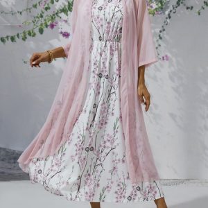 Floral Casual Short Sleeve Woven Dress With Outerwear, Maxi, color:As Picture|size:XXL, catalog Noracora shop