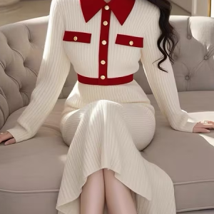 High Elasticity Regular Sleeve Elegant Tight Color Block Long Sleeve Midi Sweater Dress, Maxi Dresses, color:White|size:XXL, Stylewe
