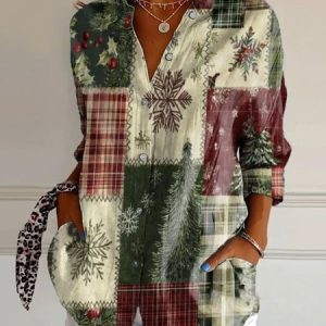 Shirt Collar Long Sleeve Christmas Regular Loose Shirt For Women, Shirts, color:Multicolor|size:5XL, catalog Noracora shop