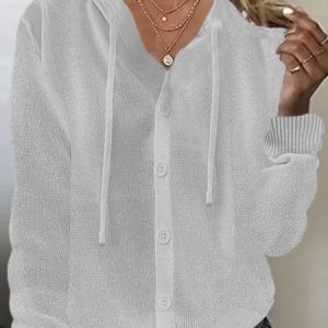 Women Yarn/Wool Yarn Plain Long Sleeve Comfy Casual Buckle Cardigan, Sweaters, color:Ivory|size:XXL, catalog Noracora shop